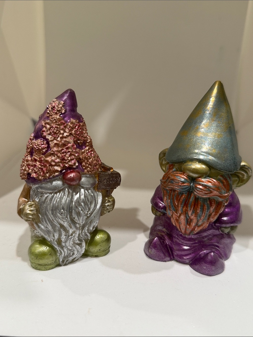 Hand-Painted Garden Resin Gnome Pair in Purple, Gold & Silver